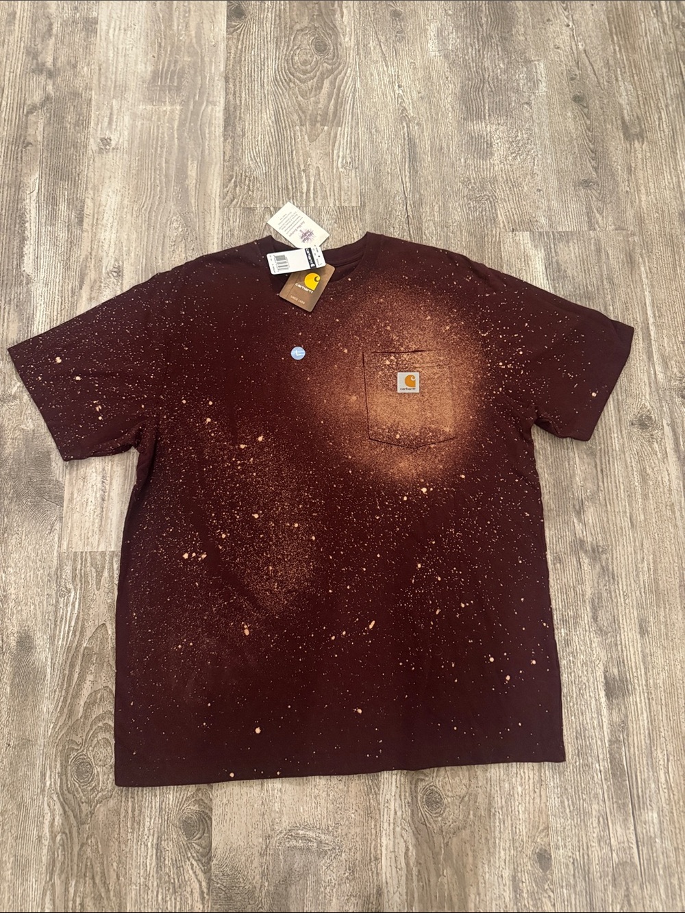 Carhartt Maroon Short Sleeve Pocket Tee with Bleach Splatter